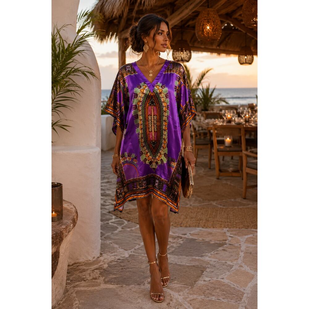 Y2K Purple Satin Caftan Dress M/L Resort Glam Boho Beach Coverup Tunic